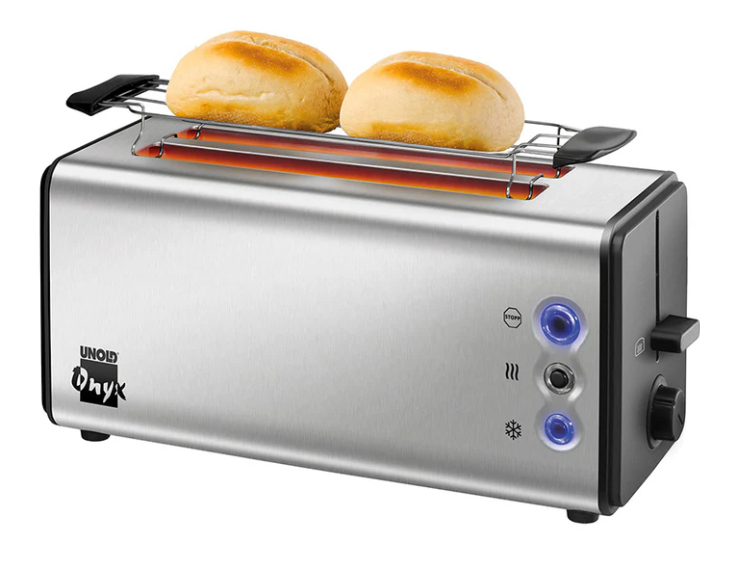 Ein Edelstahl-Langschlitztoaster von Unold Onyx mit zwei aufgelegten Brötchen.