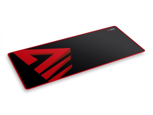 Alfombrilla de ratón negra con borde rojo y logotipo de triángulo rojo.