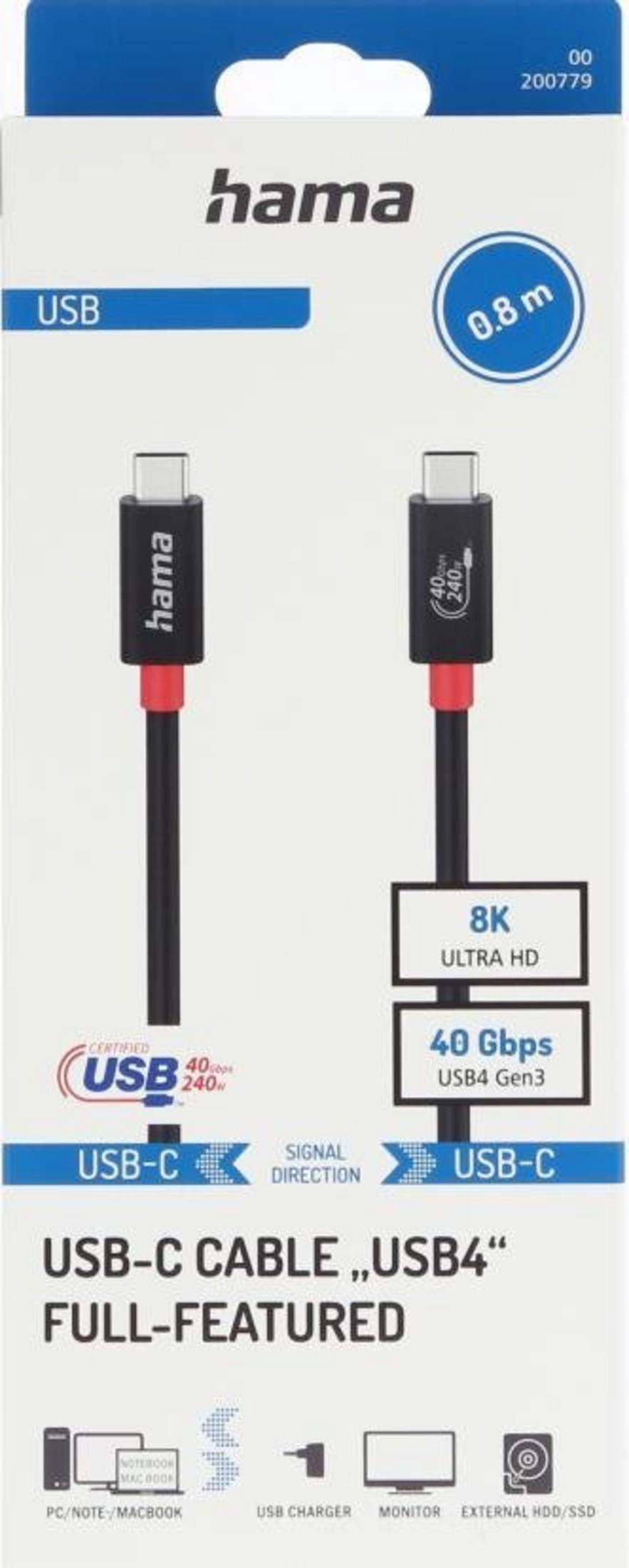 Verpackung für ein 0,8m Hama USB-C auf USB-C Kabel, mit Hinweis auf 8K und 40 Gbps.