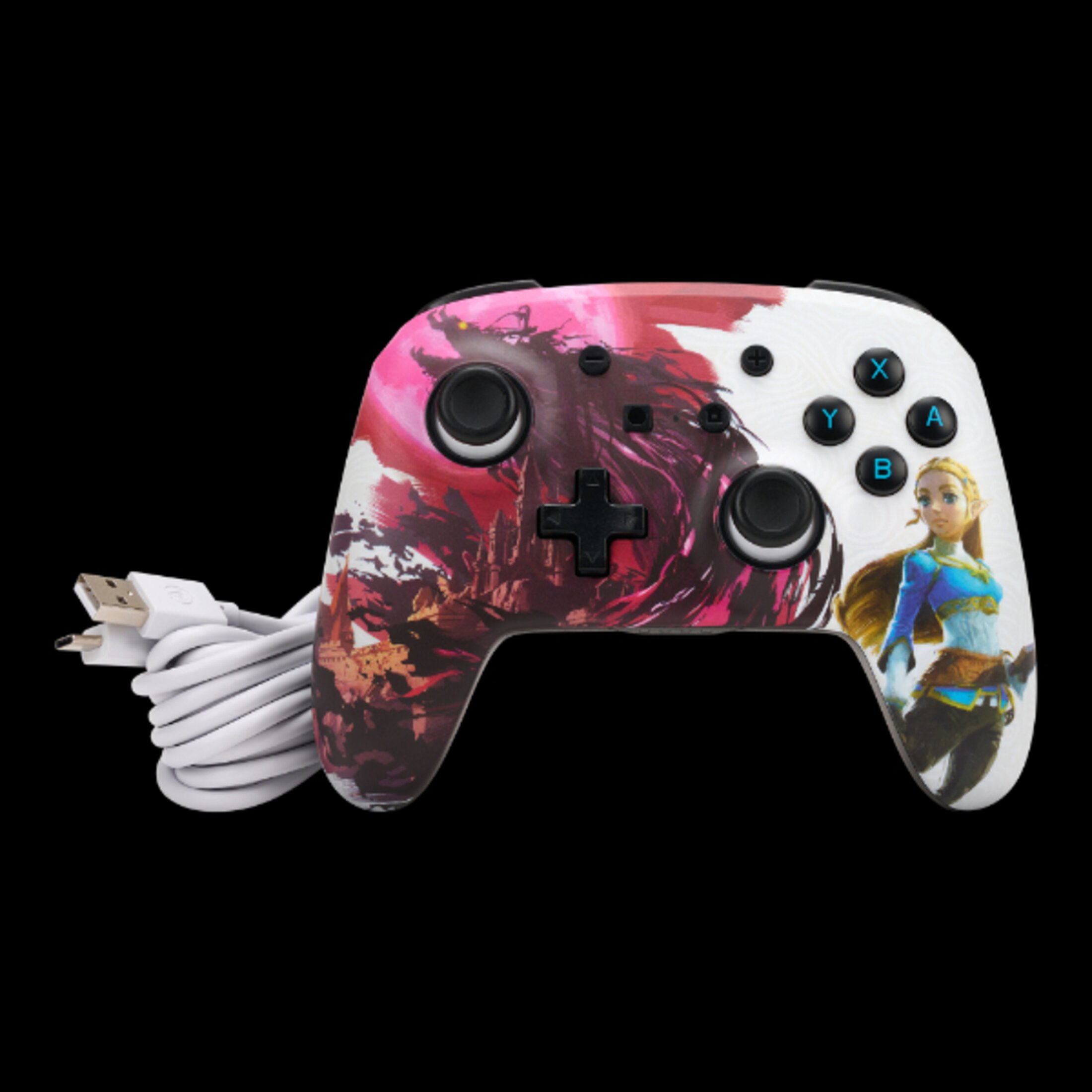 Un mando de juego temático de Zelda con diseño blanco y rosa, la princesa Zelda y un cable USB blanco.