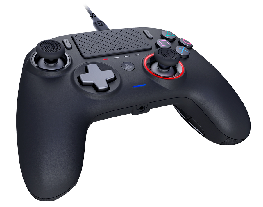 Czarny kontroler PlayStation z kolorowymi przyciskami i czerwonymi pierścieniami świetlnymi.