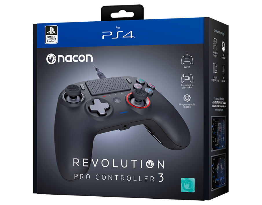 Opakowanie kontrolera Nacon Revolution Pro Controller 3 do PS4 w kolorze czarnym z niebieskimi akcentami.