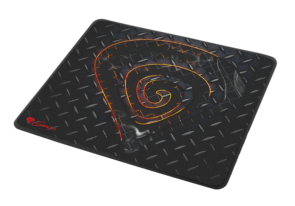 Prostokątna podkładka pod mysz z wzorem blachy ryflowanej, świecącą czerwoną spiralą i logo Genesis.