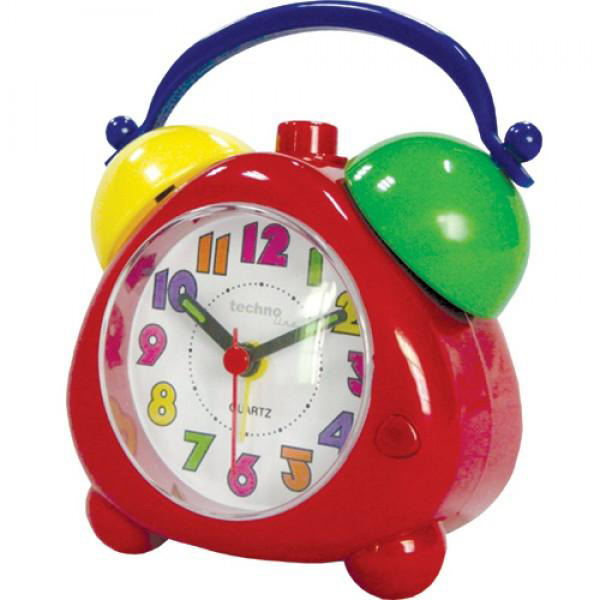 Colorata sveglia per bambini rossa con campanelli gialli e verdi e manico blu.
