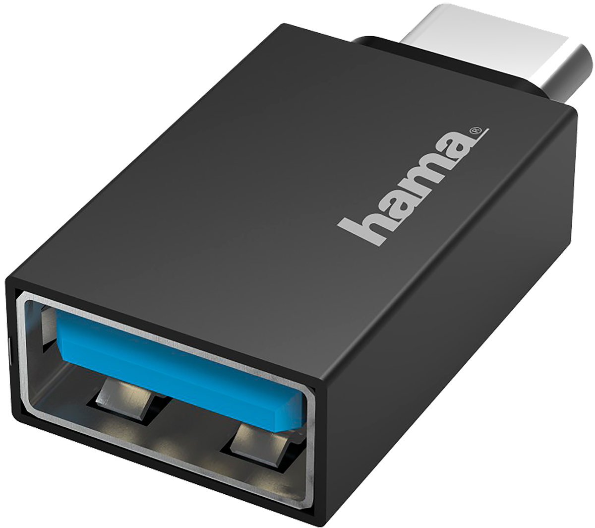Schwarzer Hama USB-C auf USB-A Adapter mit blauem Port.