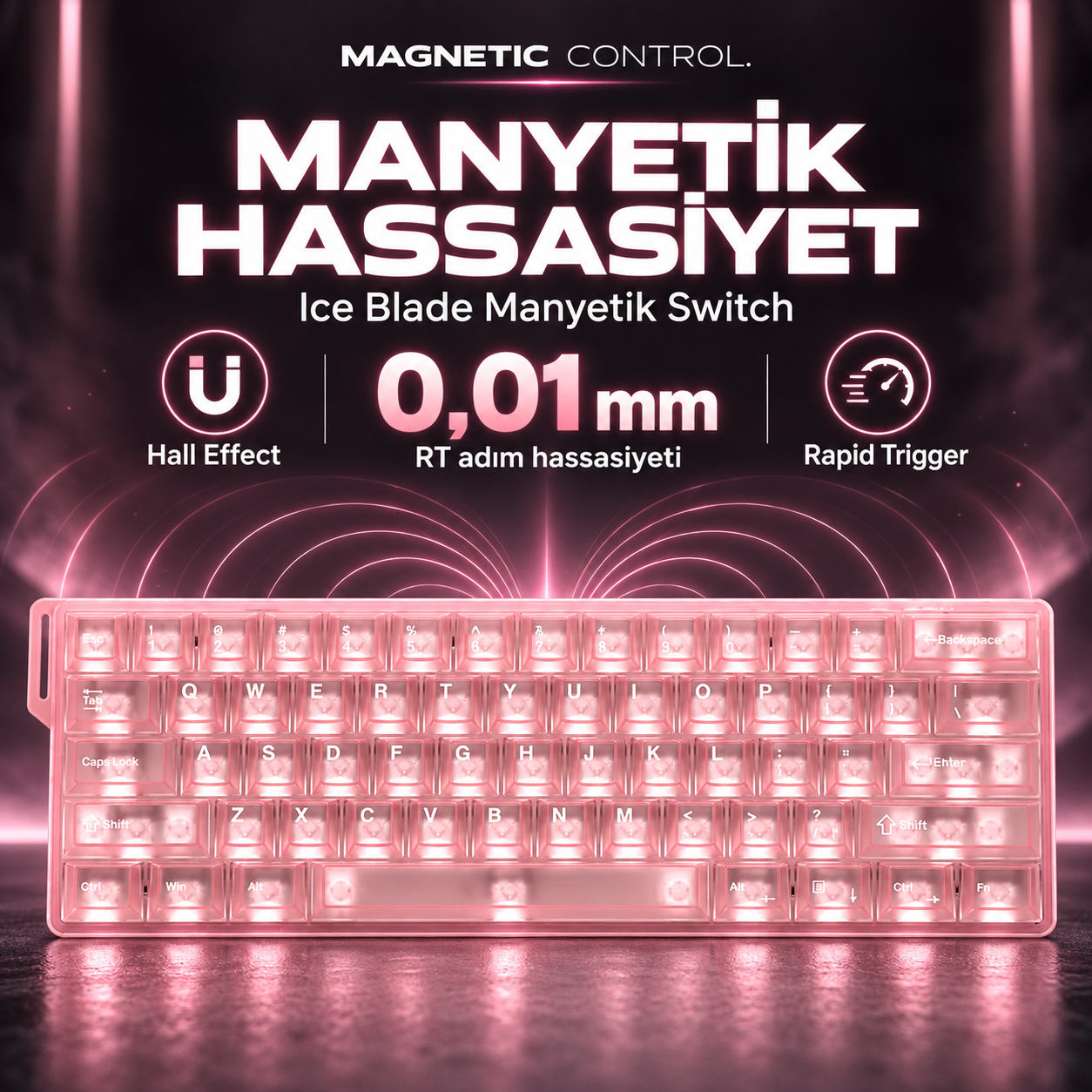 Karanlık arka planda manyetik anahtarlara sahip pembe aydınlatmalı mekanik klavye.