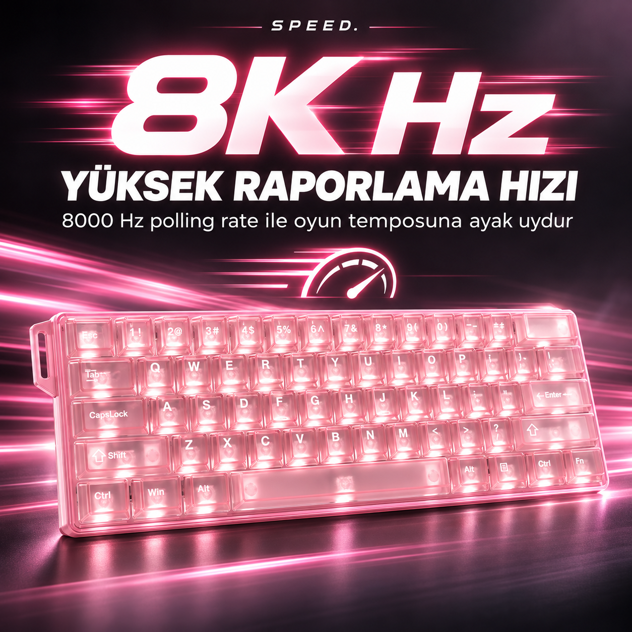 Koyu arka planda üzerinde 8K Hz yazısı bulunan pembe aydınlatmalı mekanik klavye.