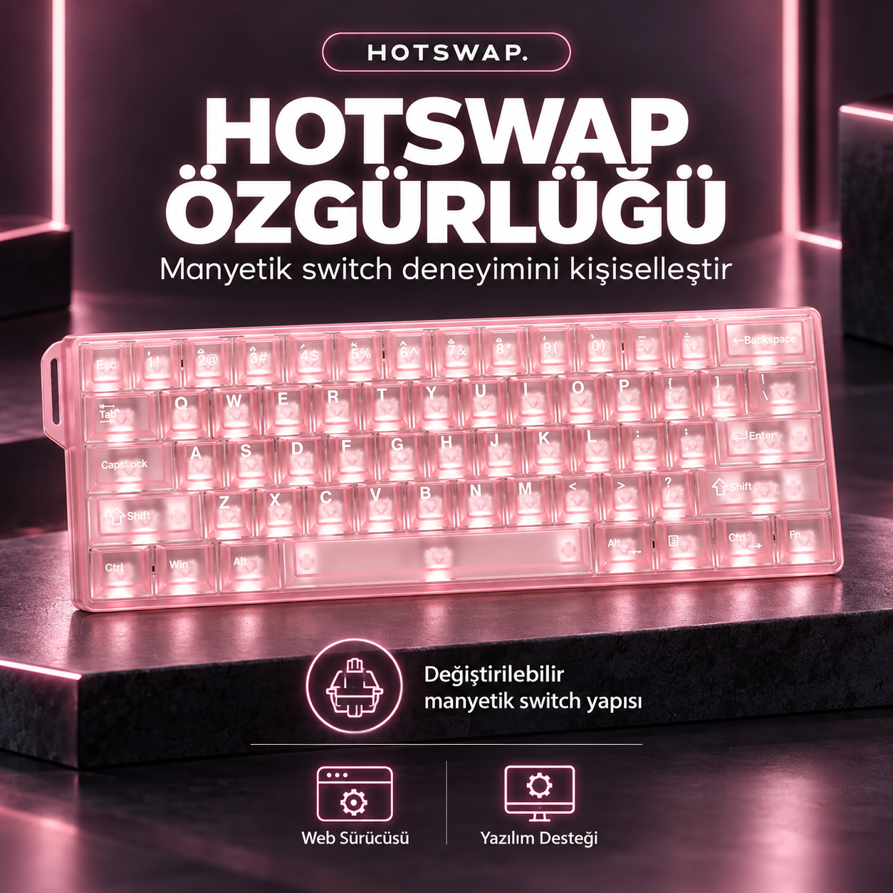 Pembe aydınlatmalı oyuncu klavyesi, pembe ışıklı arka plan önünde koyu renkli kaide üzerinde duruyor.