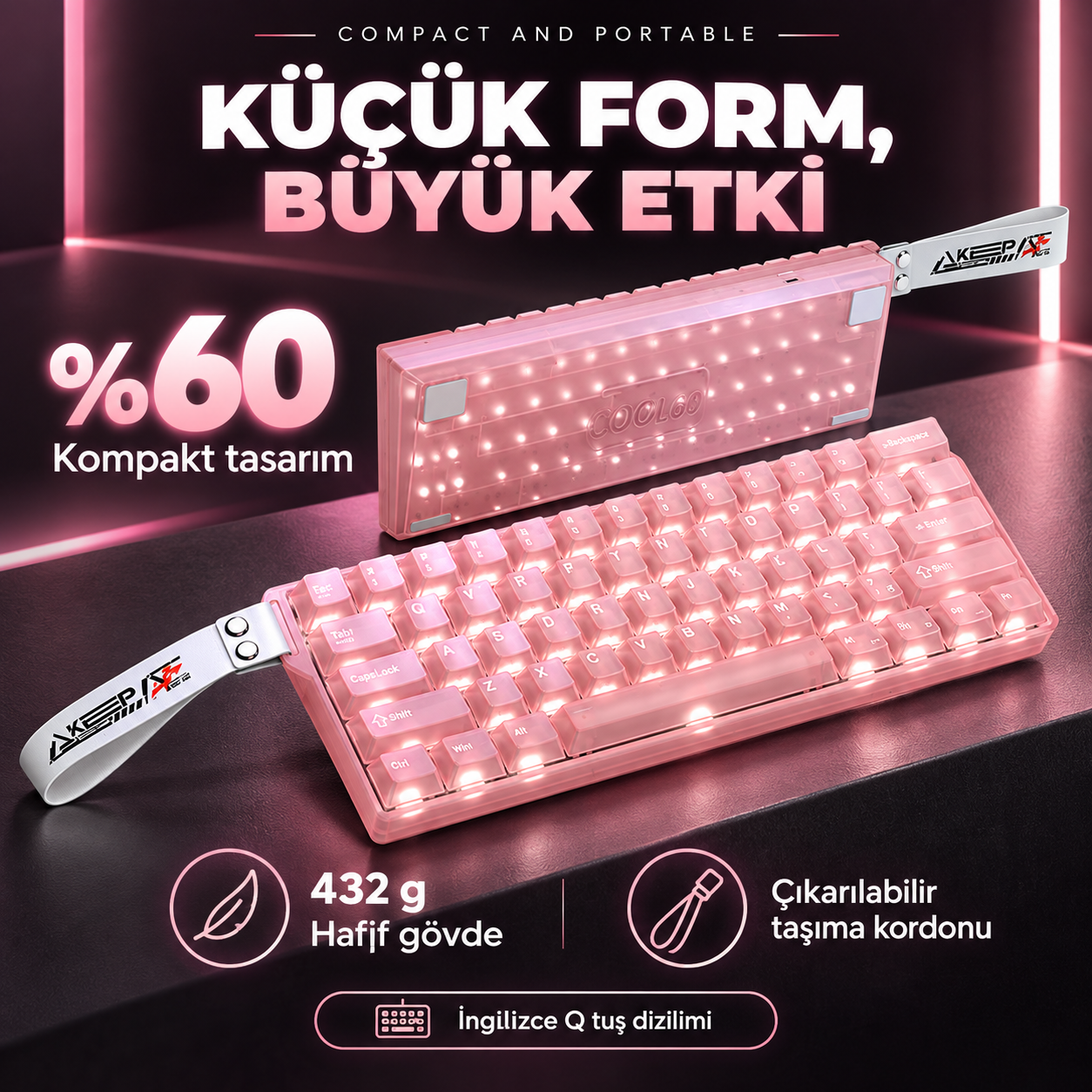Arkadan aydınlatmalı ve beyaz taşıma askılı pembe, kompakt mekanik klavye.