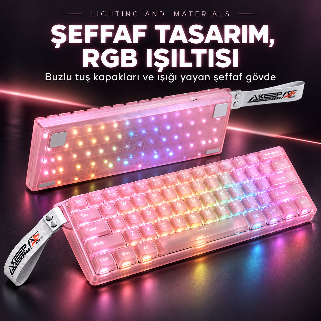 Koyu arka planda RGB aydınlatmalı iki pembe, şeffaf mekanik klavye.