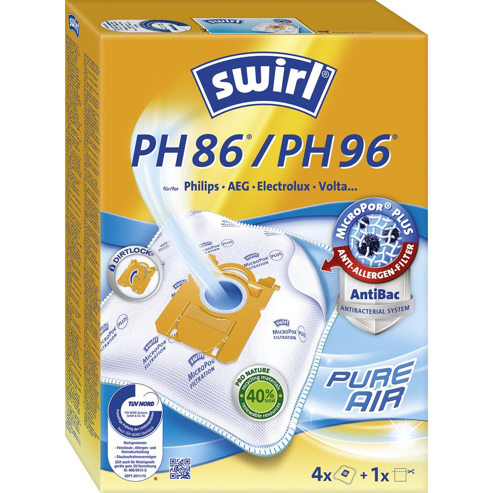 Caja amarilla de bolsas de aspiradora Swirl PH86/PH96 con bolsas blancas y detalles azules.