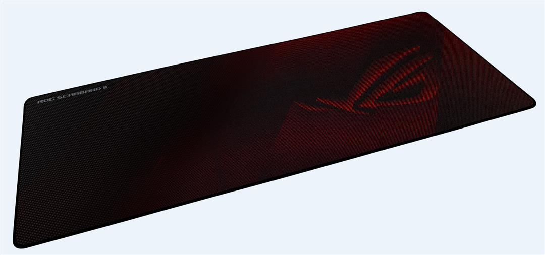 Una alfombrilla de ratón gaming ROG Scabbard II negra y roja sobre fondo gris claro.