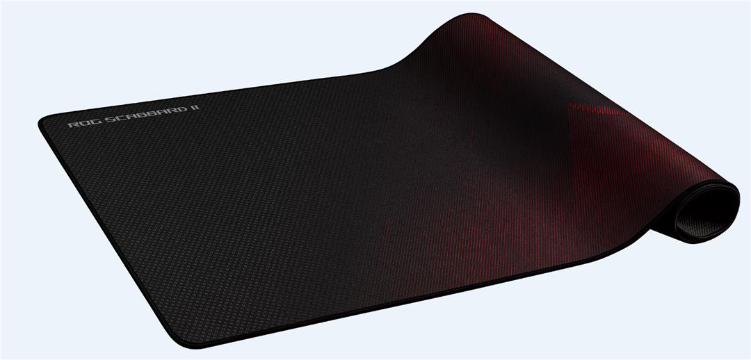 Una alfombrilla de ratón gaming ROG Scabbard II negra con degradado rojo y borde enrollado.