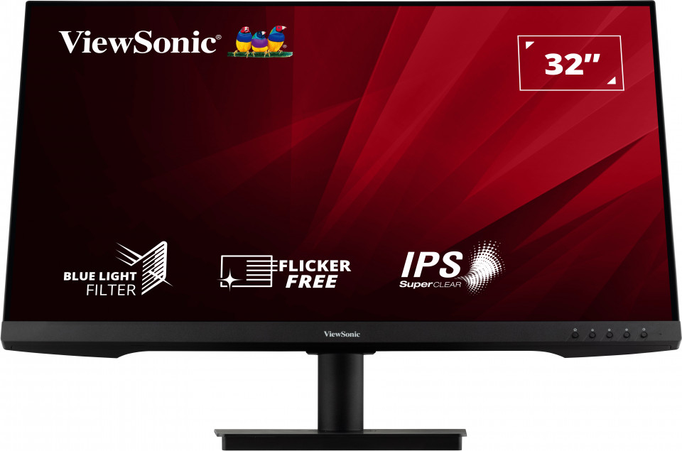 Monitor ViewSonic de 32 pulgadas con fondo rojo, filtro de luz azul, sin parpadeo e iconos IPS.