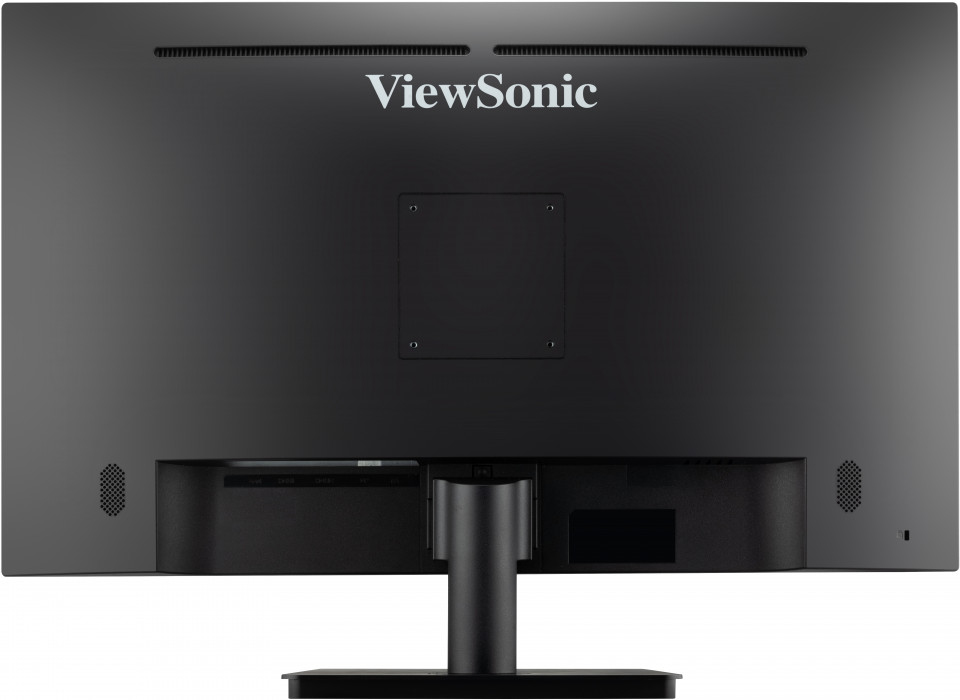 Vista trasera de un monitor ViewSonic negro con montaje VESA y soporte adjunto.