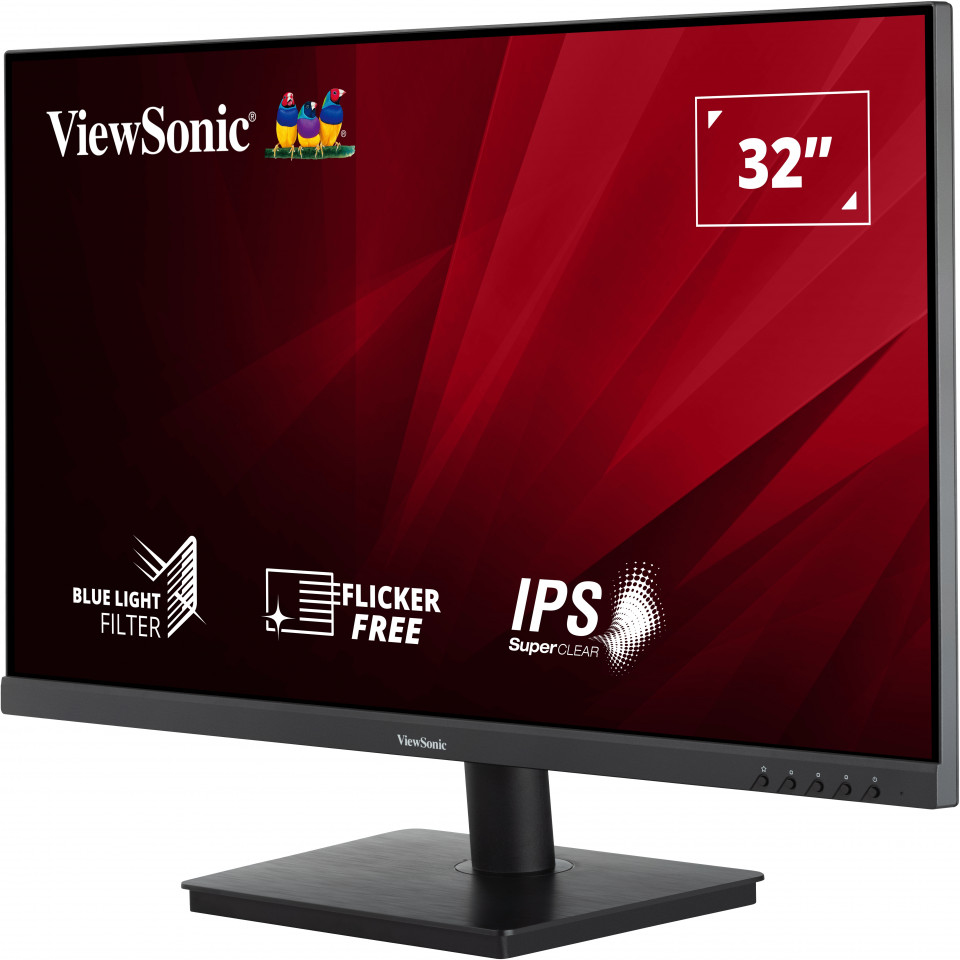 Monitor ViewSonic negro de 32 pulgadas con fondo rojo e iconos de filtro de luz azul, sin parpadeo y tecnología IPS.