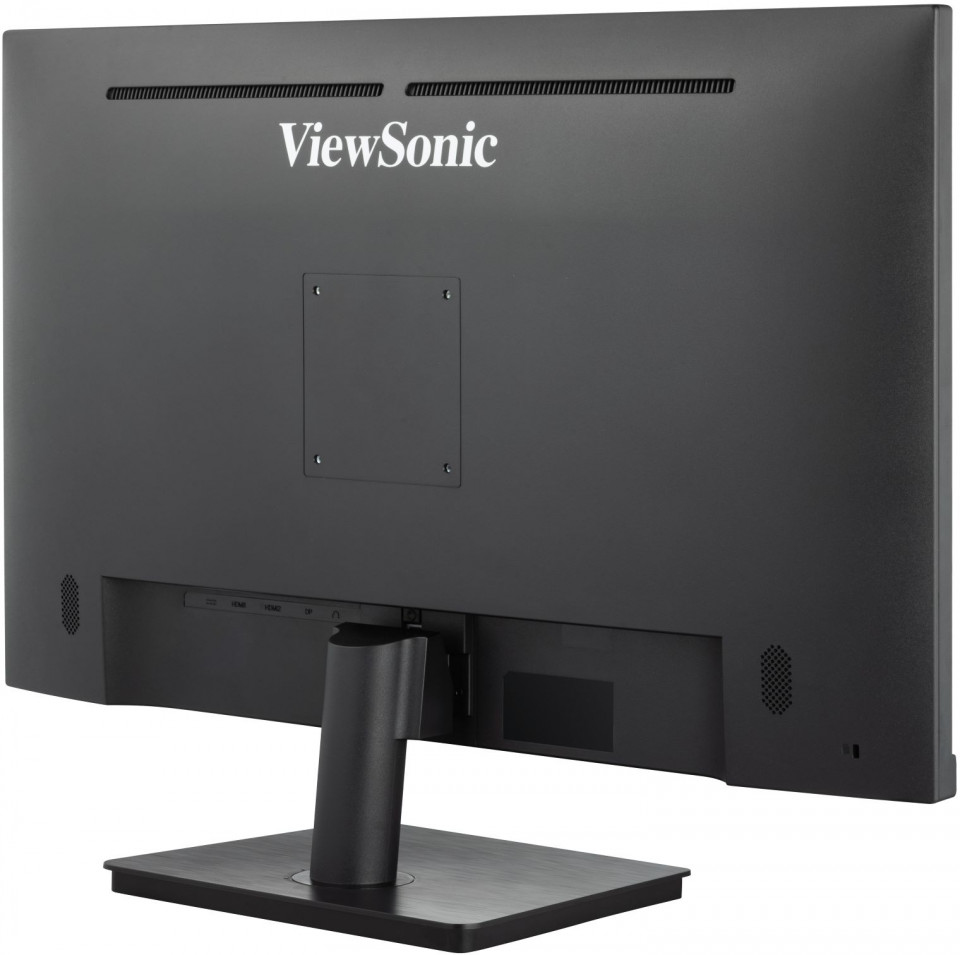 Parte trasera de un monitor negro ViewSonic con soporte y montaje VESA.