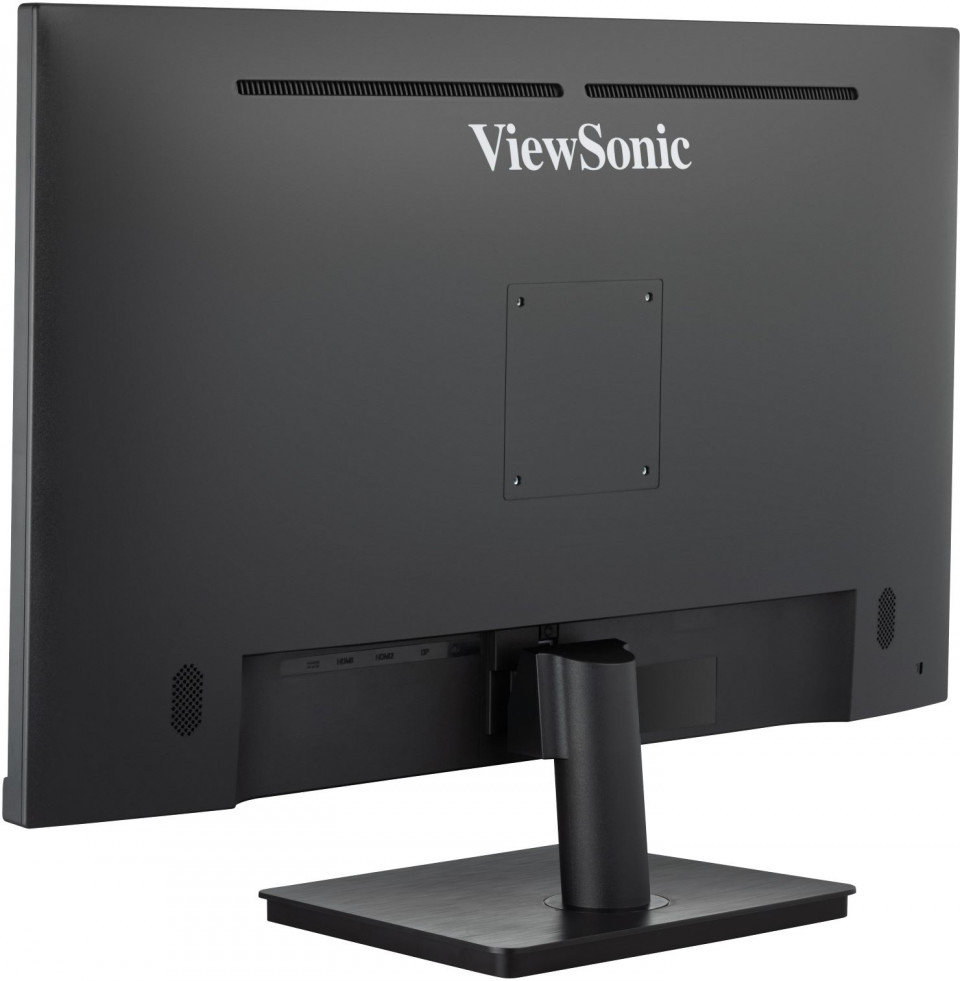 Vista trasera de un monitor de computadora ViewSonic negro en un soporte, mostrando el logo.