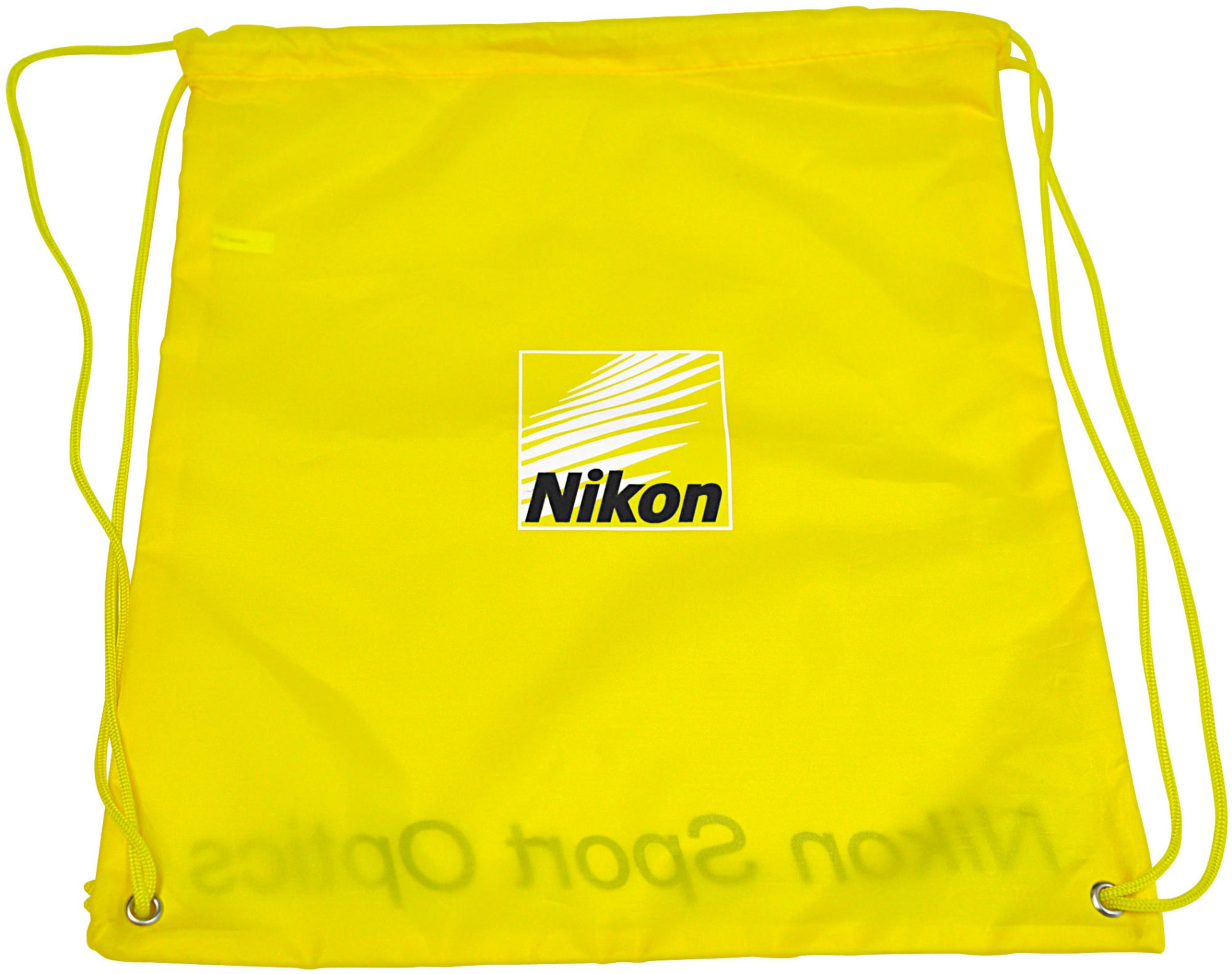 Una borsa a sacco giallo vivo con cordini gialli e il logo Nikon sul davanti.