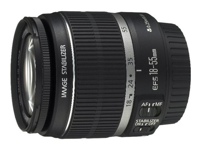 Obiettivo per fotocamera Canon EFS 18-55mm nero con stabilizzatore d'immagine su sfondo bianco.