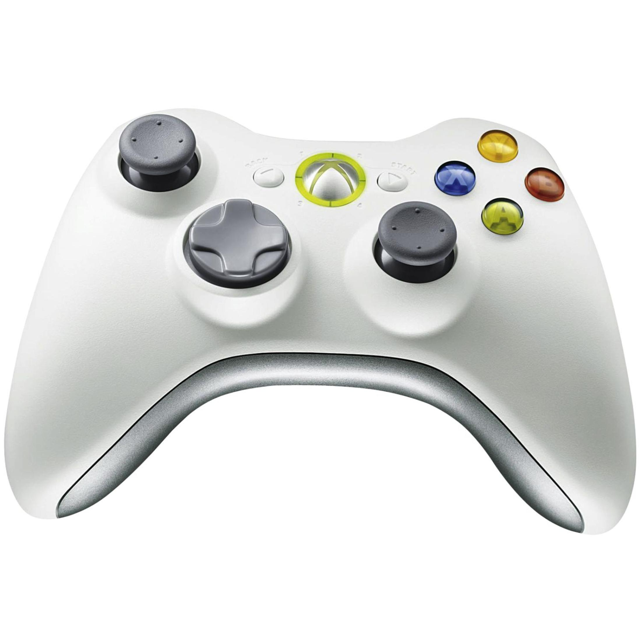 A white Xbox 360 controller with grey thumbsticks and colorful action buttons against a white background.