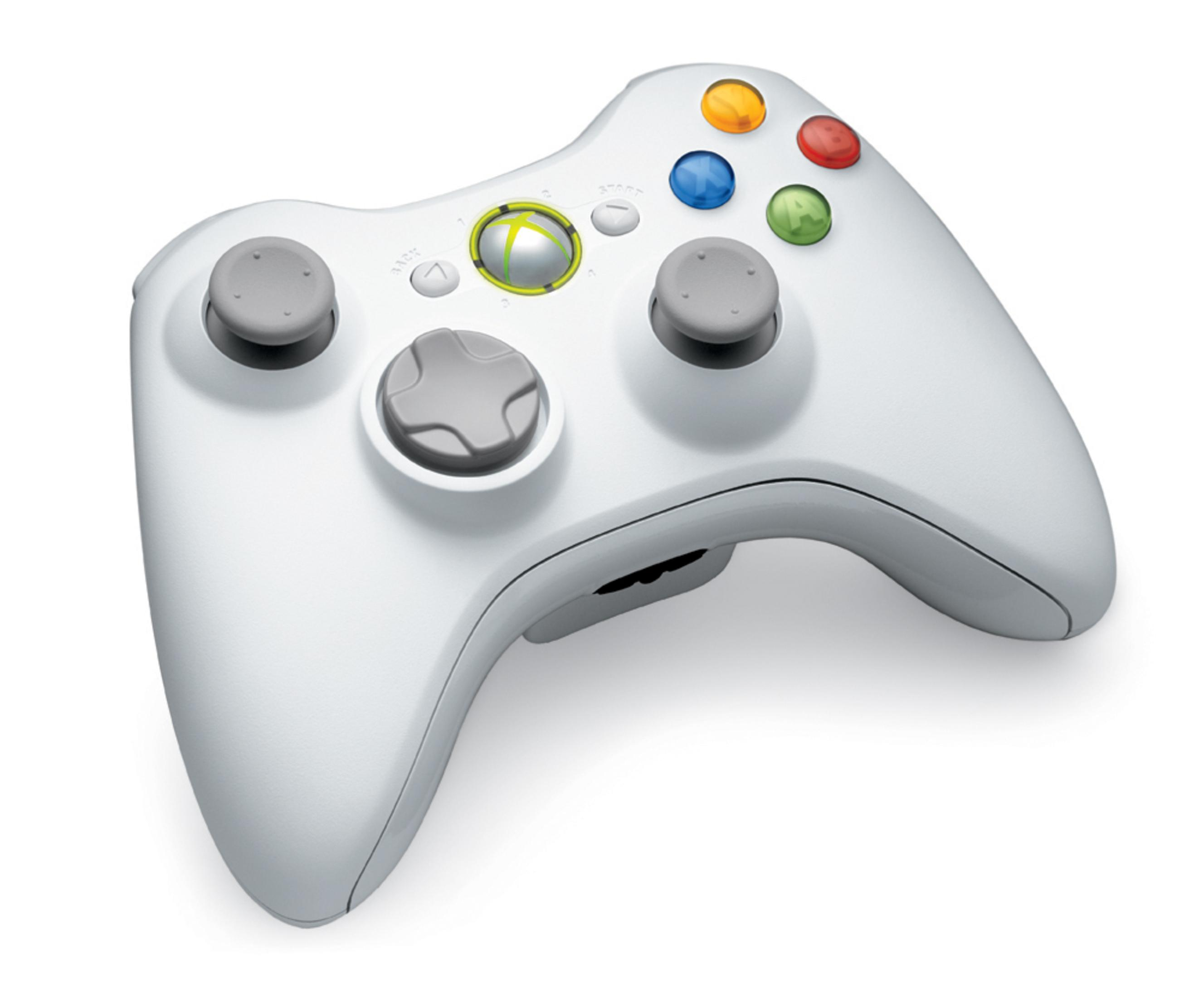 A white Xbox 360 controller featuring gray joysticks, a gray directional pad, and colorful action buttons.