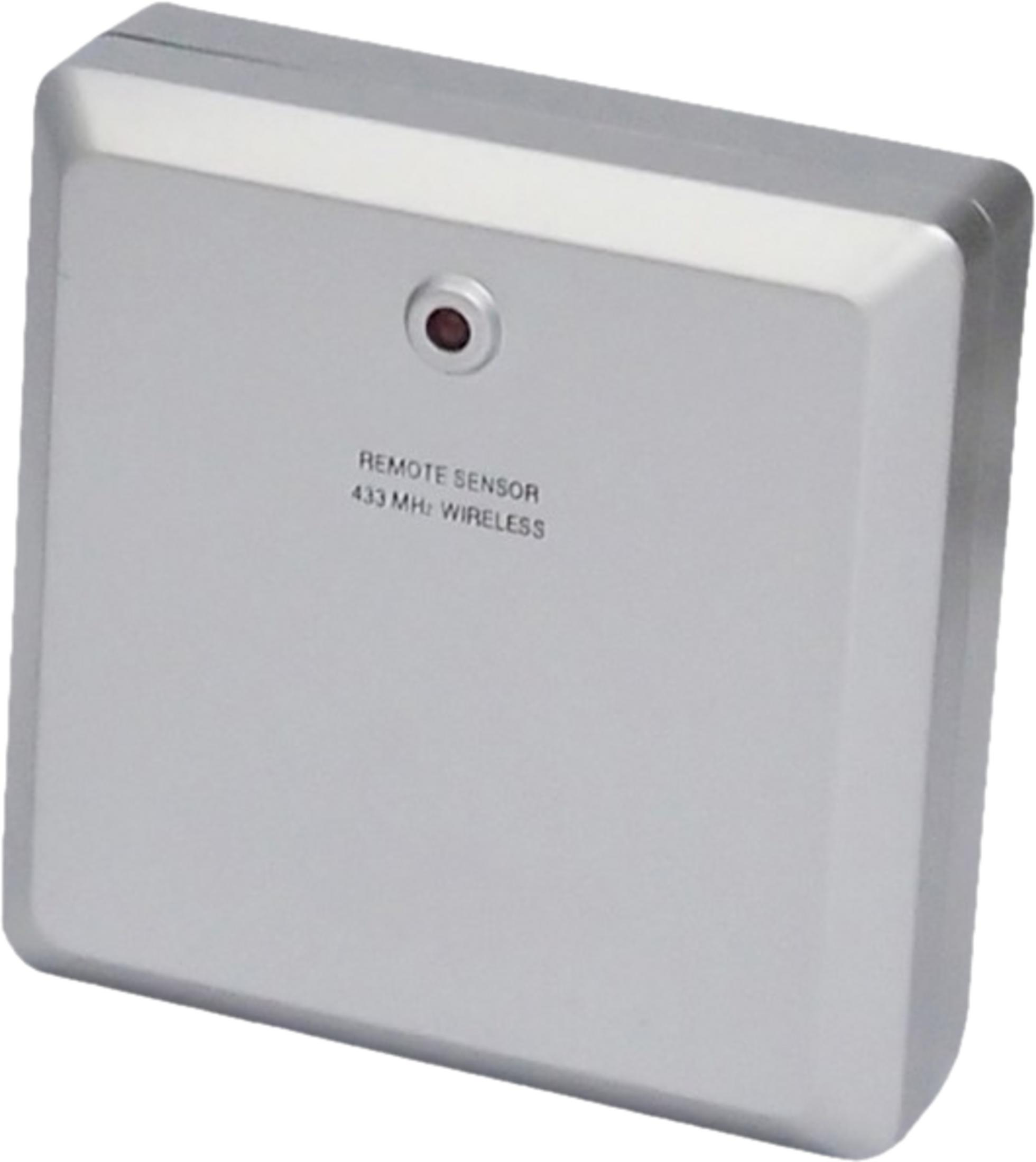 Silberner, quadratischer Funksensor mit rotem LED-Licht und der Aufschrift REMOTE SENSOR 433 MHz WIRELESS.