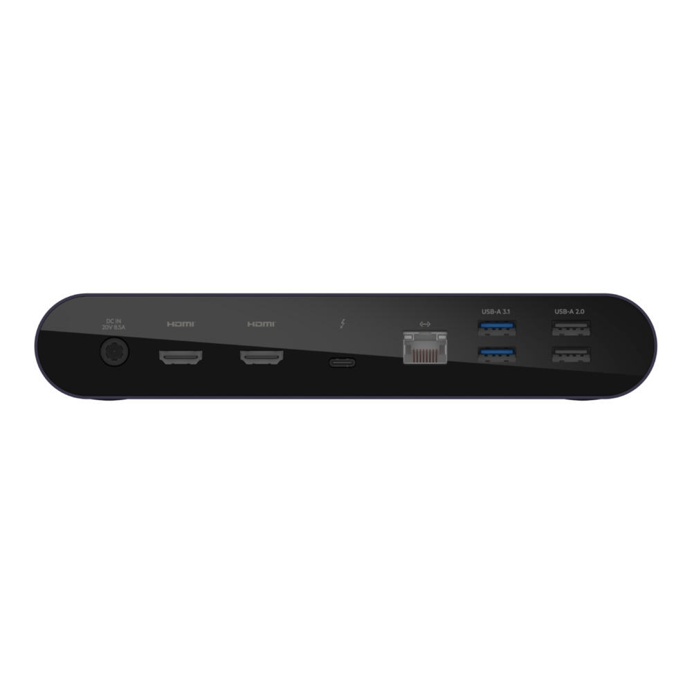 Rückseite einer Dockingstation mit DC-In, zwei HDMI, USB-C, Ethernet und vier USB-A-Anschlüssen.