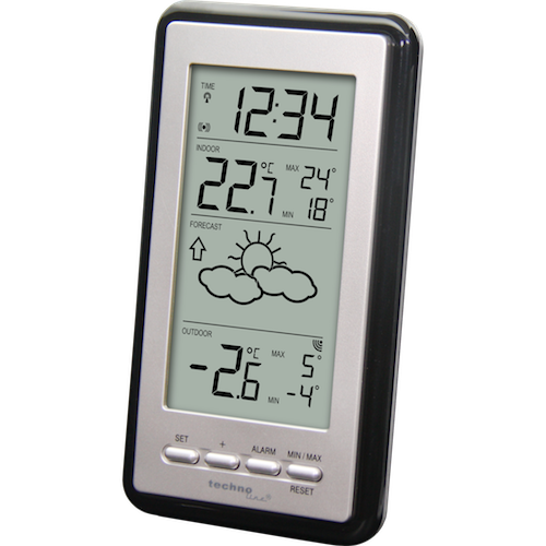 Digitale Wetterstation mit schwarzem Rand und grauem Display zeigt Zeit, Innentemperatur, Wettervorhersage und Außentemperatur.