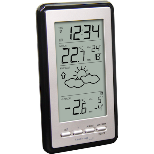 Digitale Wetterstation mit schwarzem und silbernem Rahmen, digitalem Display für Zeit, Innen- und Außentemperatur.
