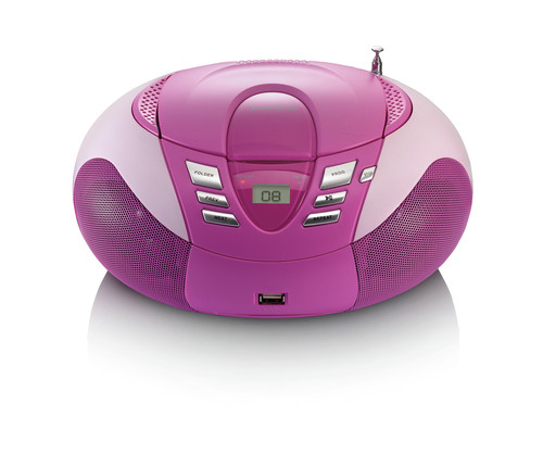 Ein ovaler, pink- und hellrosa-farbener CD-Player mit Bedienelementen, LCD-Display und integrierten Lautsprechern.