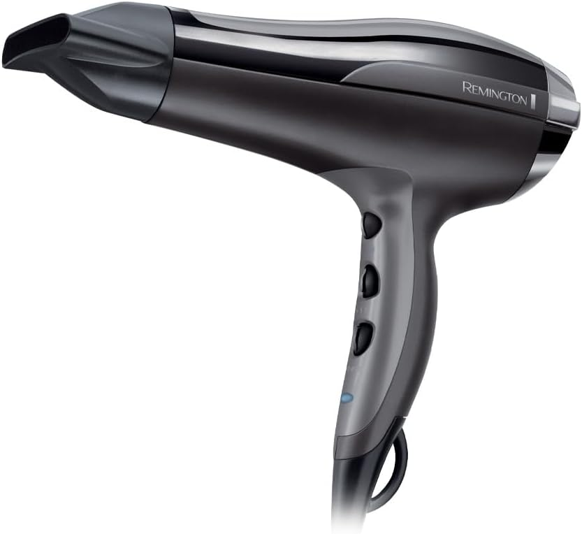 A black Remington hairdryer with a concentrator nozzle and control buttons on the handle.