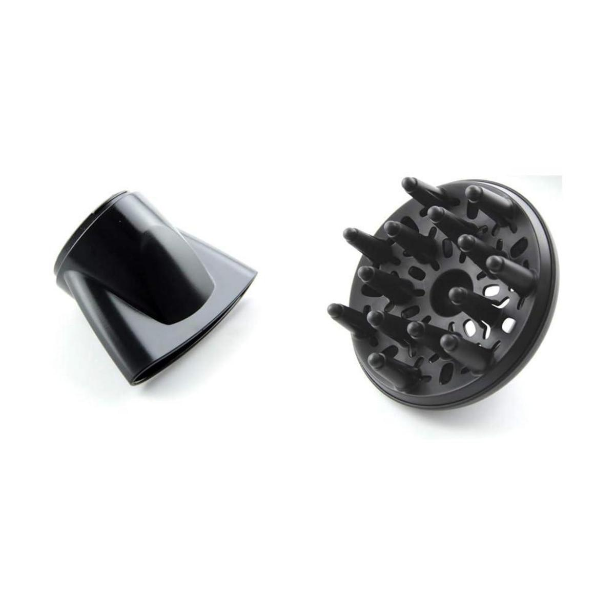 Two black hair dryer attachments, a styling nozzle and a diffuser, are placed on a white background.