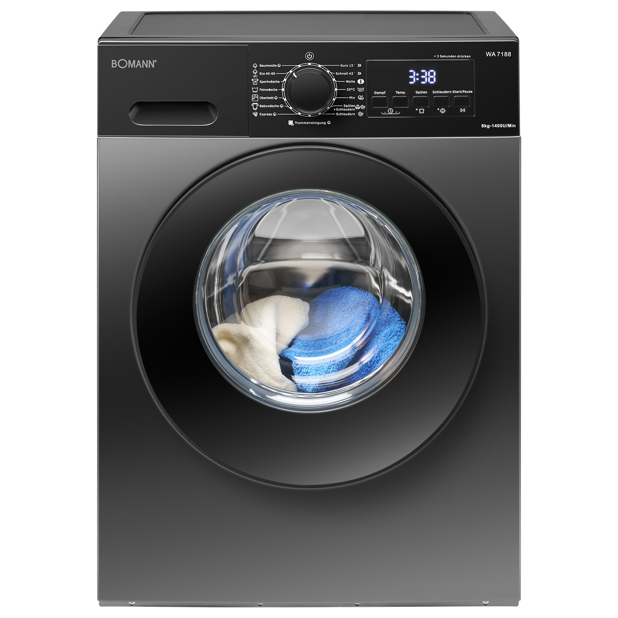 Eine graue Bomann Waschmaschine mit blauen und weißen Handtüchern im Bullauge und einem digitalen Display.