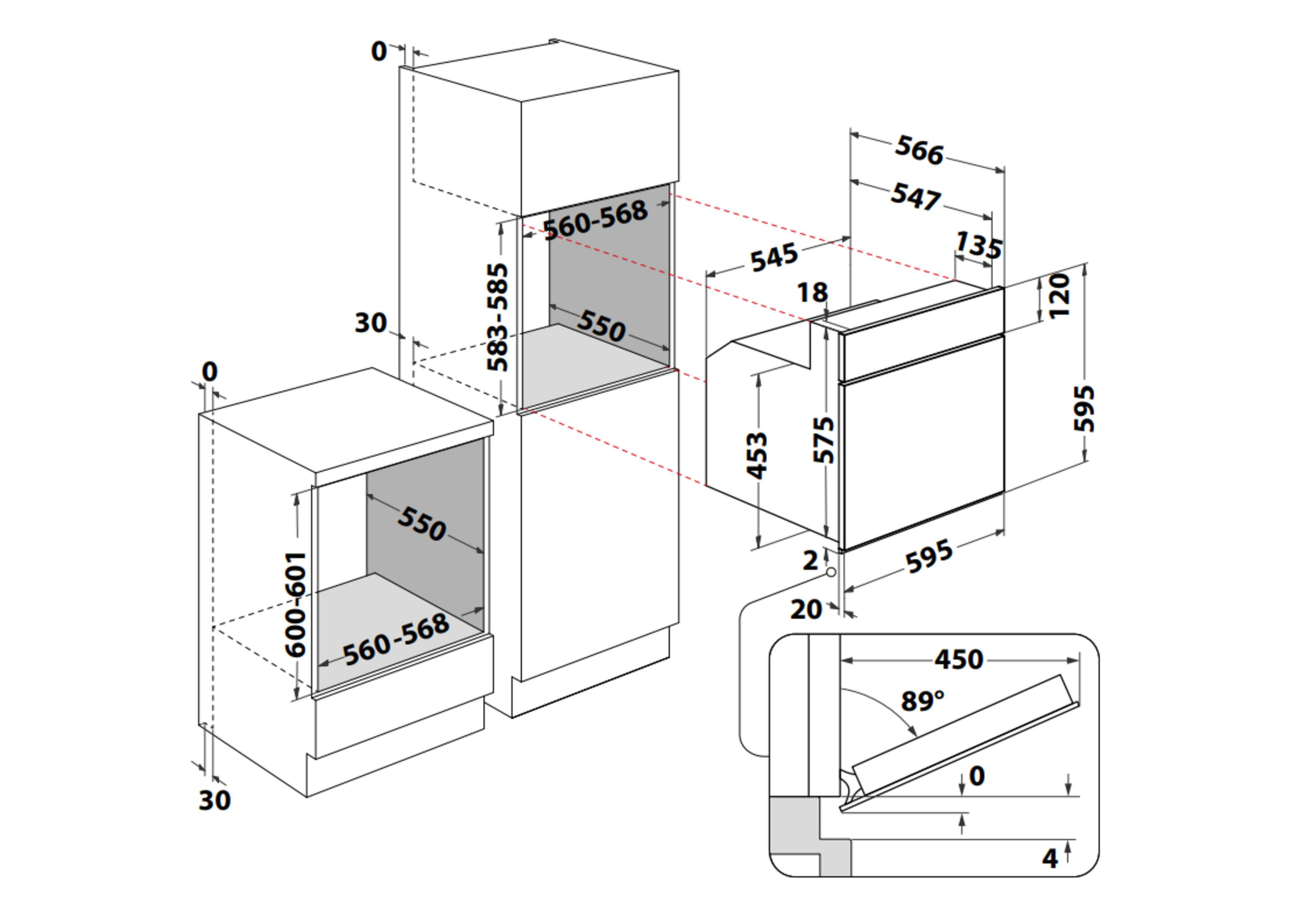 Disegno tecnico con le dimensioni di installazione per un forno nei mobili da cucina.