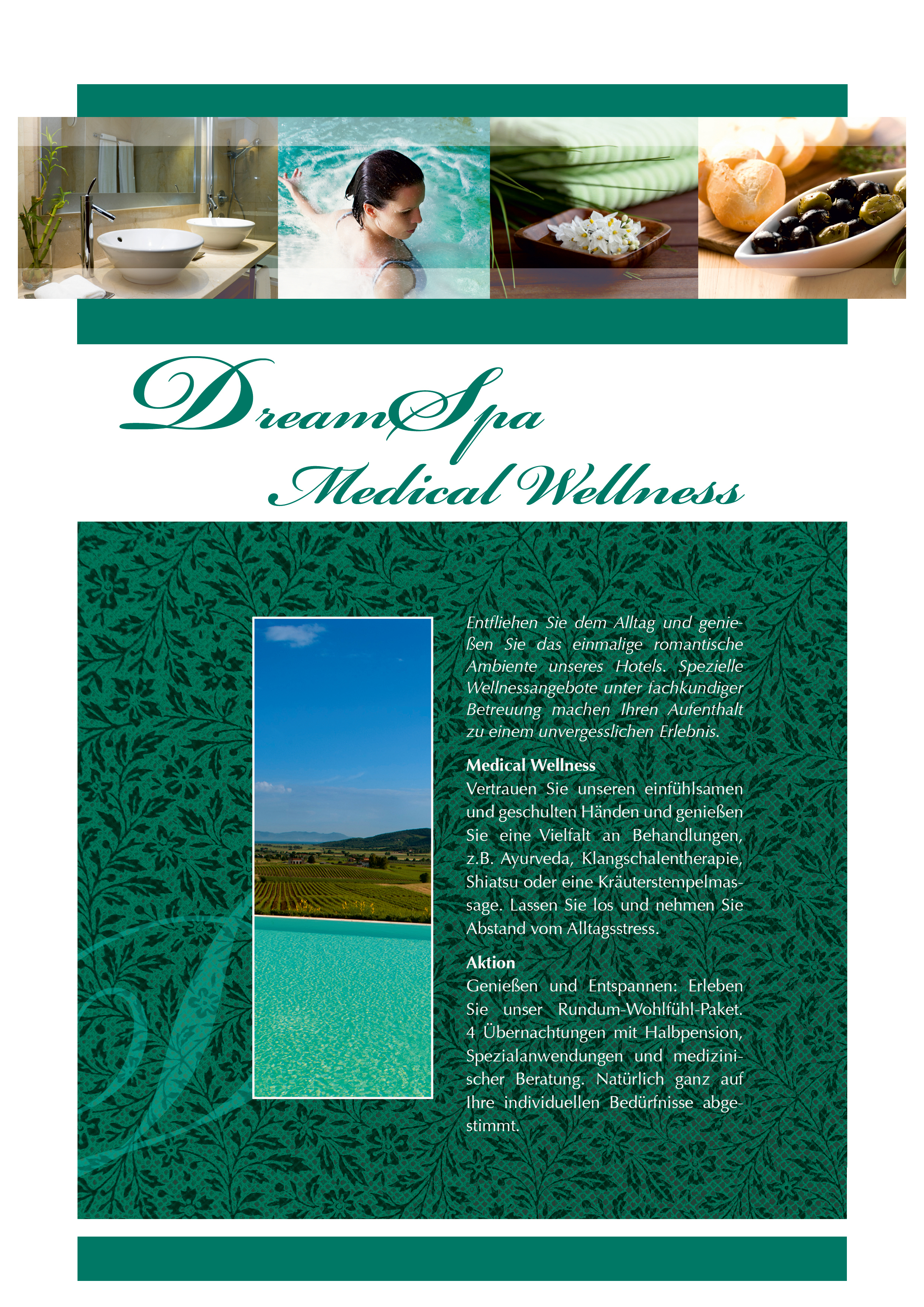 Flyer für DreamSpa Medical Wellness mit Fotos von Spa, Natur und Text auf grünem Hintergrund.