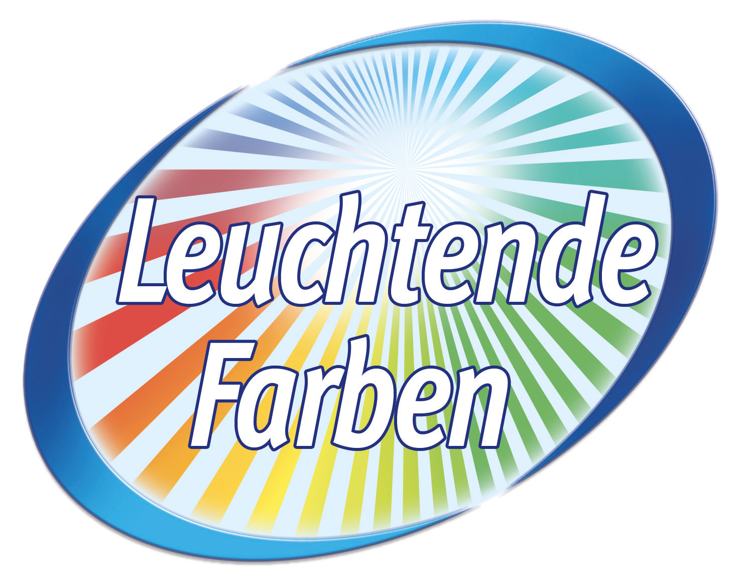 Ein blaues ovales Logo mit dem Text Leuchtende Farben auf einem bunten Strahlenhintergrund.