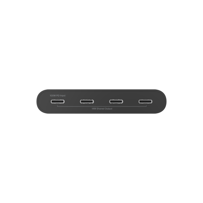 Un cargador negro con cuatro puertos USB-C, entrada PD de 100W y salida compartida de 14W.