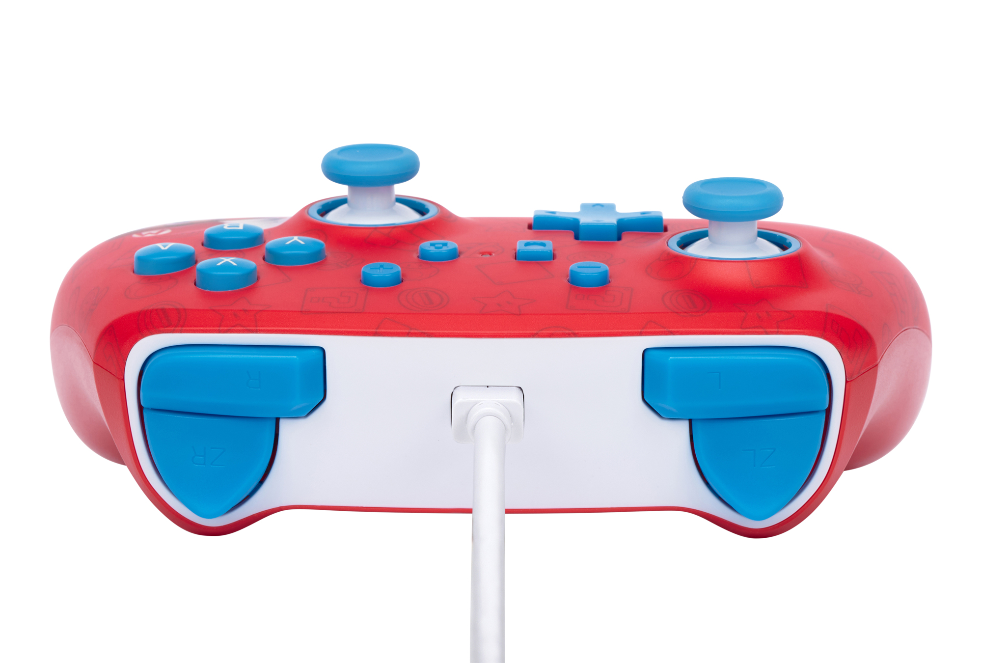 Un controller di gioco rosso e blu con un cavo bianco collegato, su sfondo bianco.