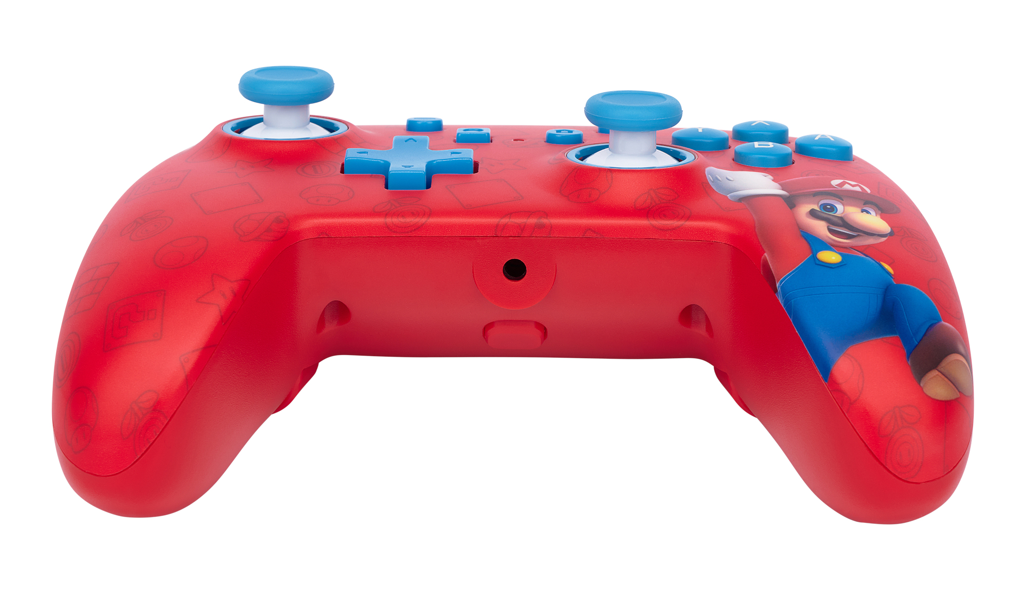Controller rosso di Super Mario con pulsanti blu e icone sbiadite su sfondo bianco.