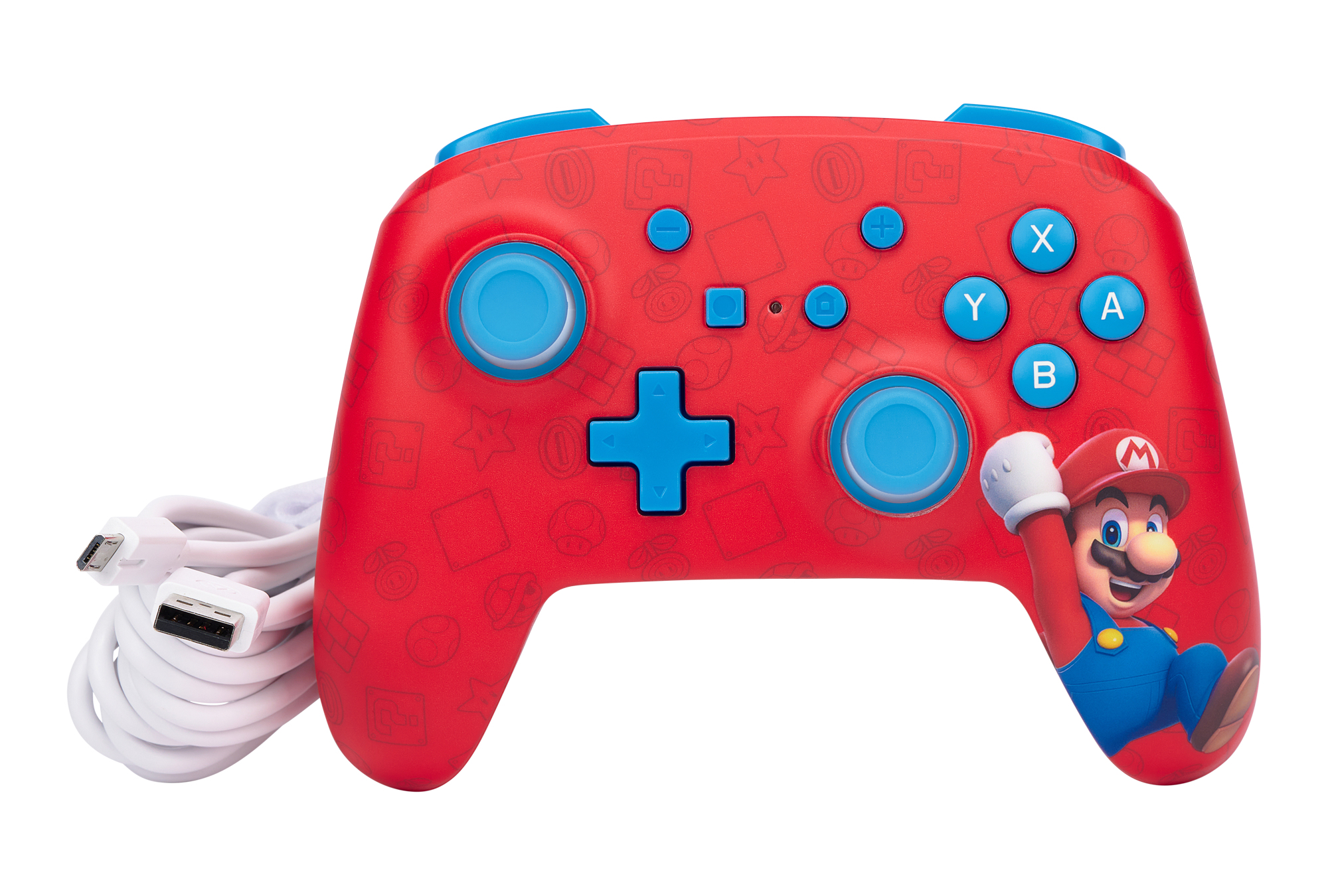 Un controller di gioco rosso a tema Mario con pulsanti blu e un cavo USB bianco a sinistra.