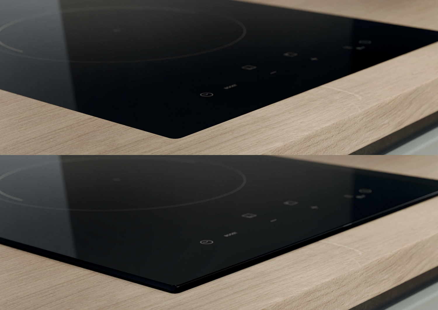 Un piano cottura a induzione nero è inserito in un piano di lavoro in legno chiaro.