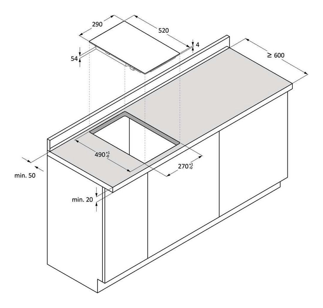 Disegno tecnico di un piano di lavoro da cucina con dimensioni di taglio e misure per l'installazione del piano cottura.