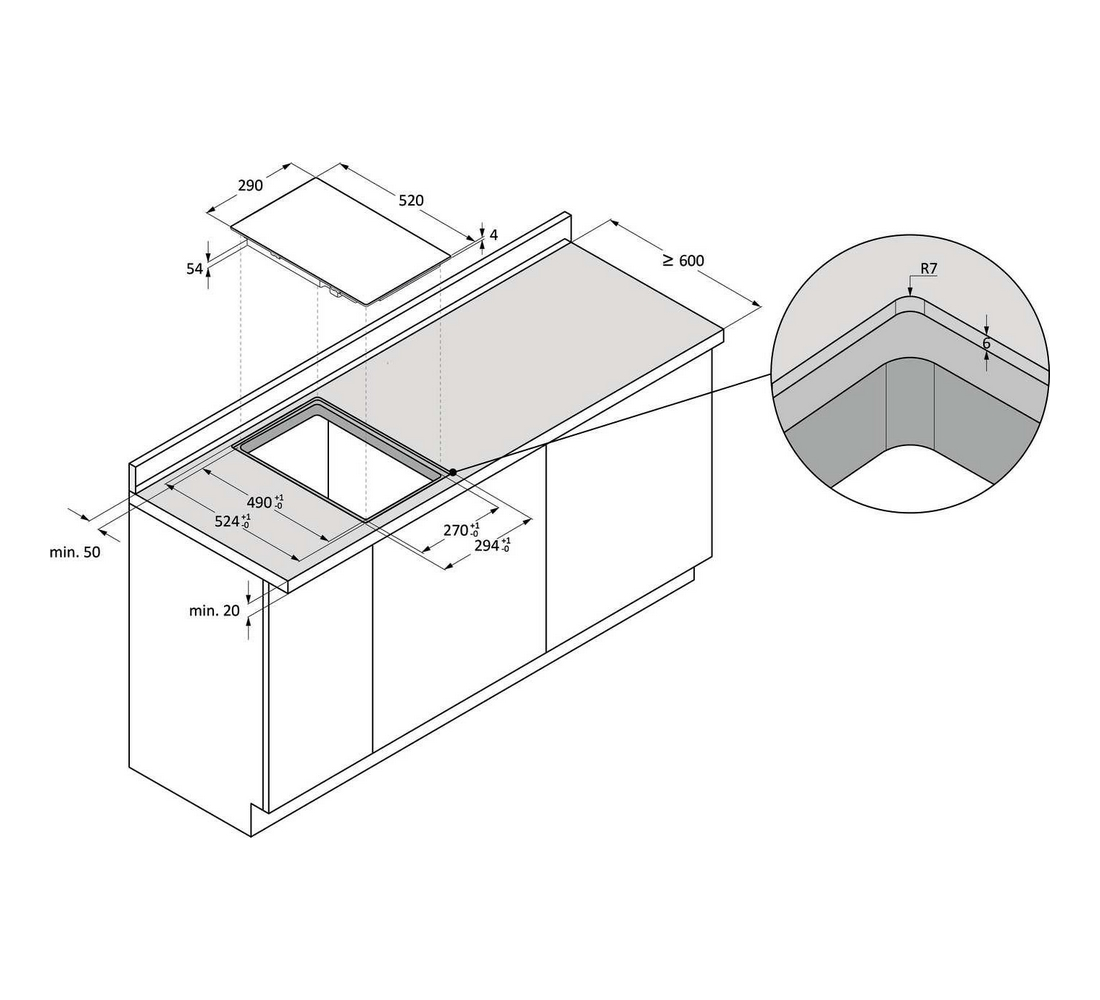 Disegno tecnico di un piano di lavoro per cucina con dimensioni di taglio e piano cottura.