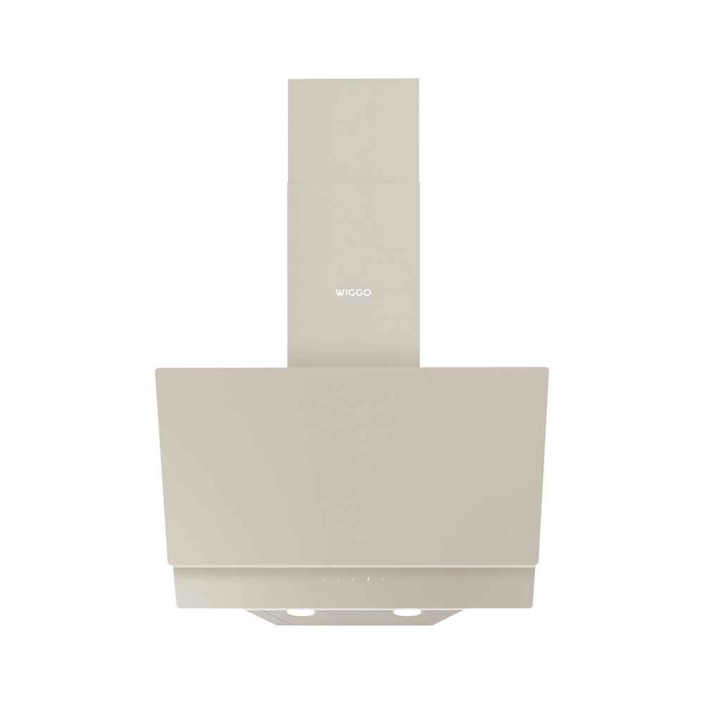 A beige Wiggo wall-mounted cooker hood featuring a touch control panel and two integrated under-lights.