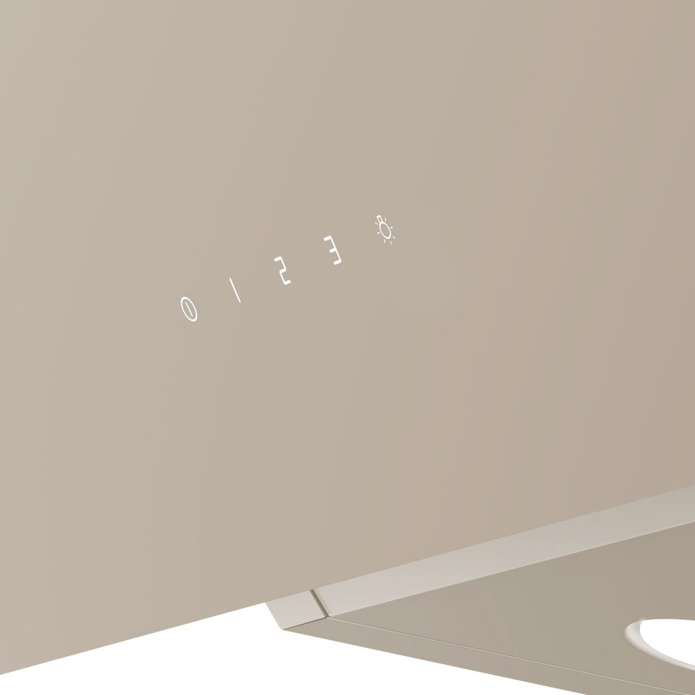 Beige cooker hood featuring illuminated control buttons for power levels and light.