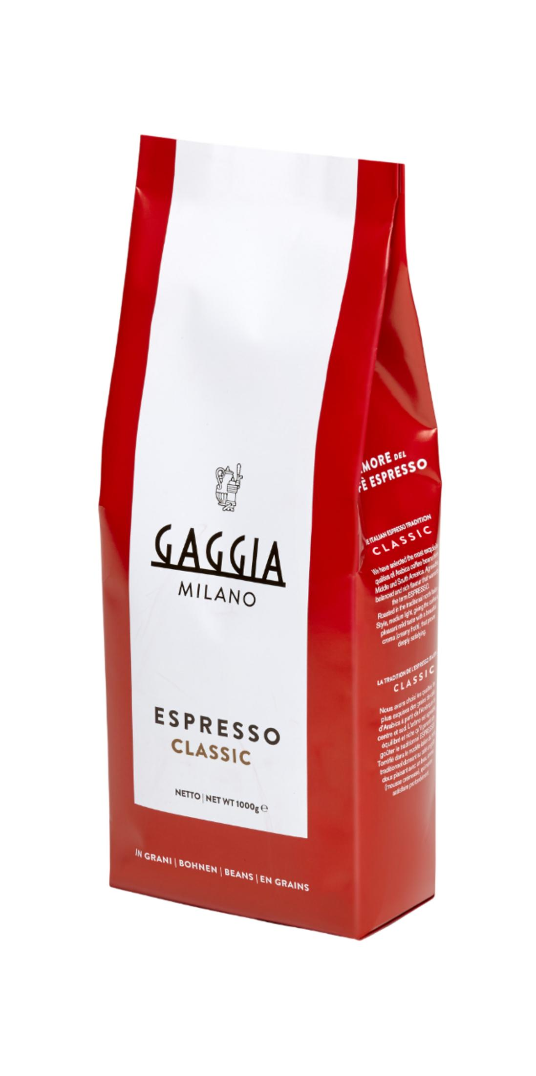 Eine rote und weiße Gaggia Milano Espresso Classic Kaffeebohnenverpackung.