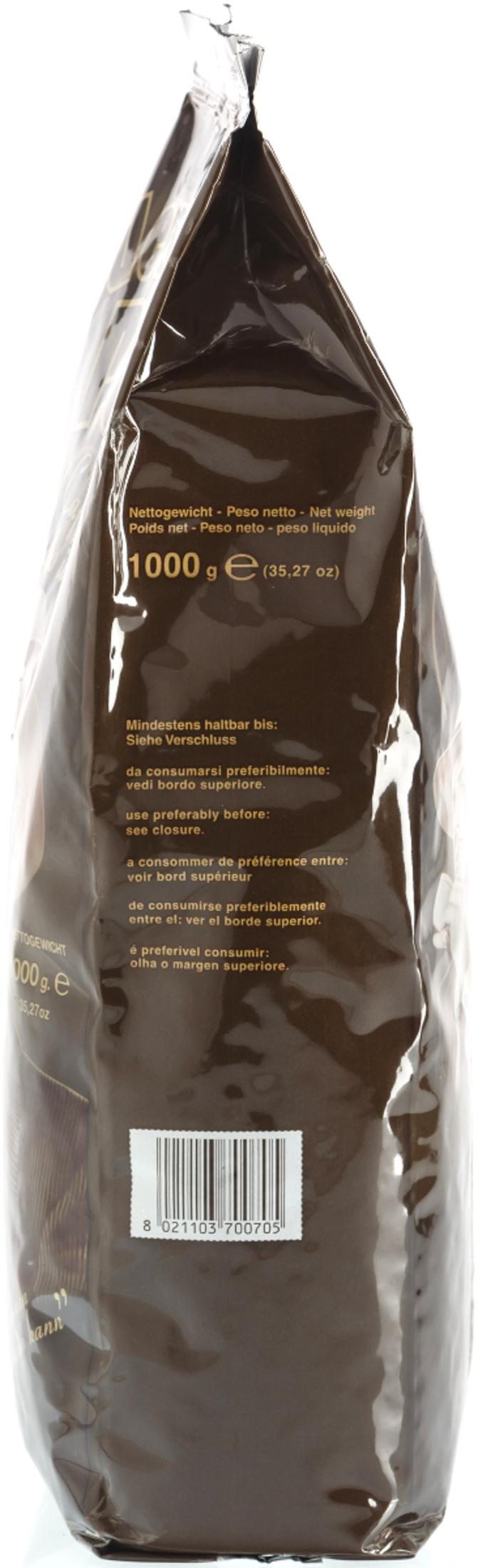 Braune Kaffeeverpackung mit Netto-Gewichtsangabe 1000g und Barcode.