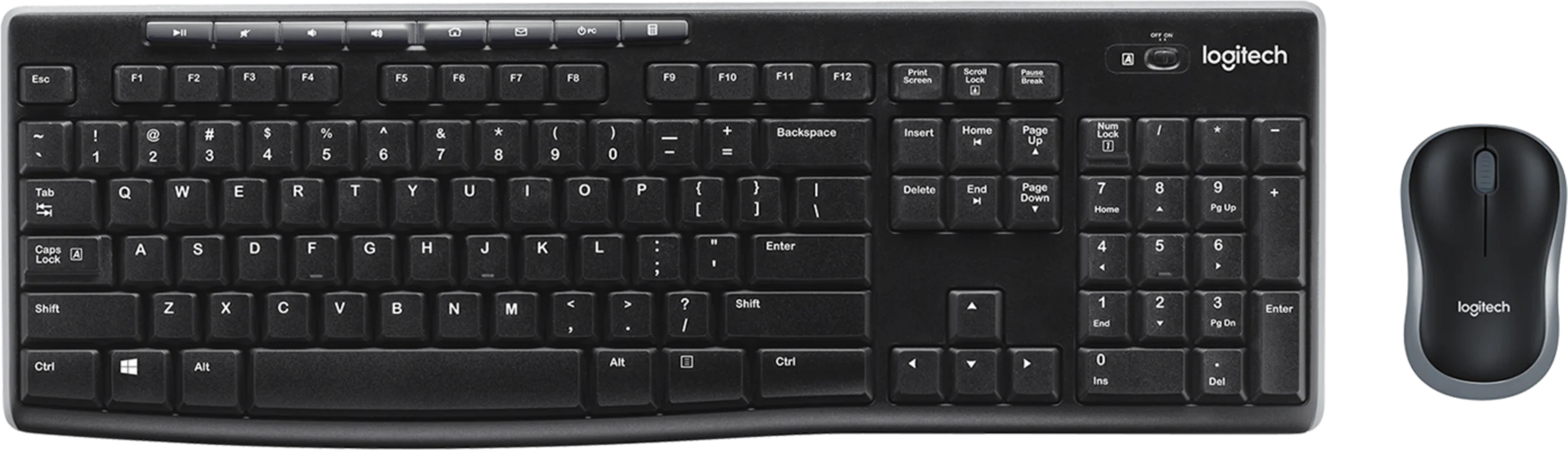 Teclado negro Logitech con teclas multimedia y ratón inalambrico negro a juego.