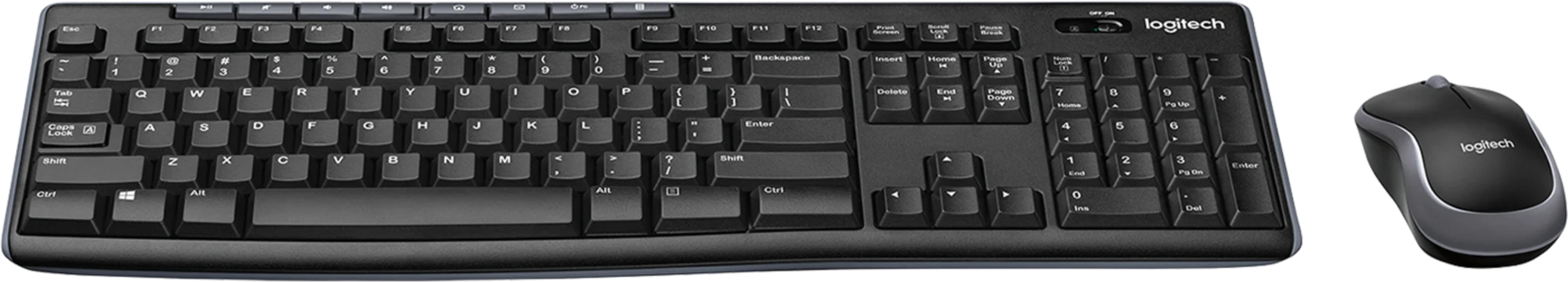 Un conjunto de teclado y ratón inalámbricos Logitech negros sobre fondo blanco.